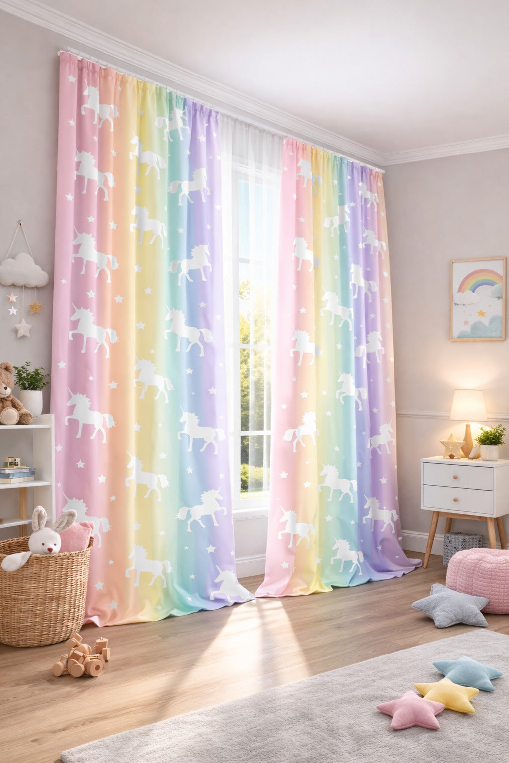 Gökkuşağı Unicorn Desenli Çocuk Odası Fon Perde Çift Kanat ikracelik.com