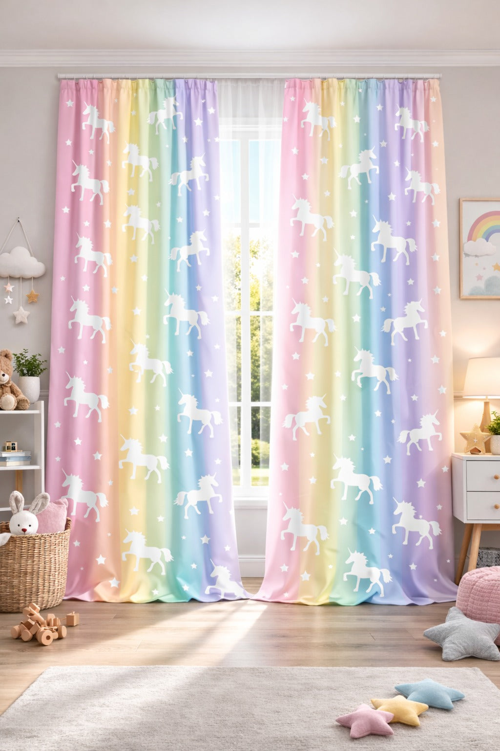 Gökkuşağı Unicorn Desenli Çocuk Odası Fon Perde Çift Kanat ikracelik.com