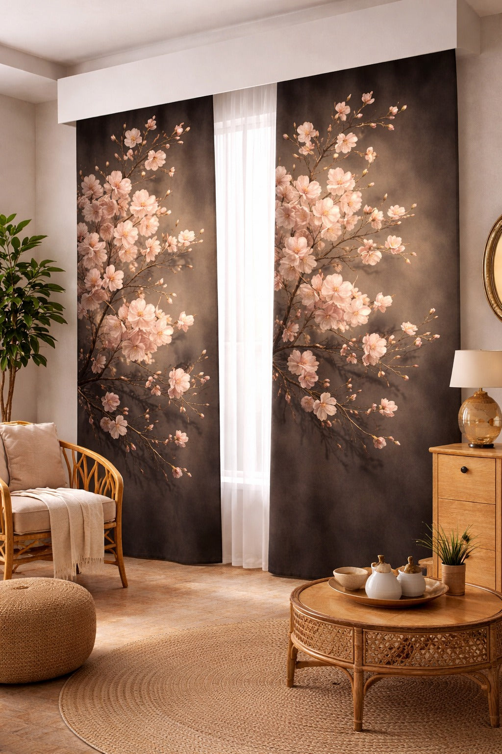 Sakura Çiçek Desenli Baskılı Fon Perde Çift Kanat ikracelik.com