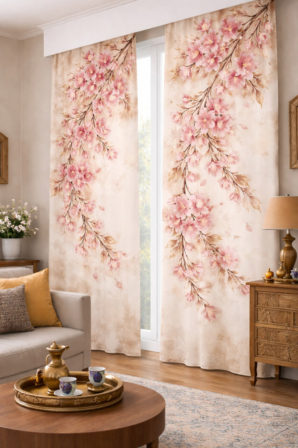 Pembe Sakura Desenli Baskılı Fon Perde Çift Kanat ikracelik.com