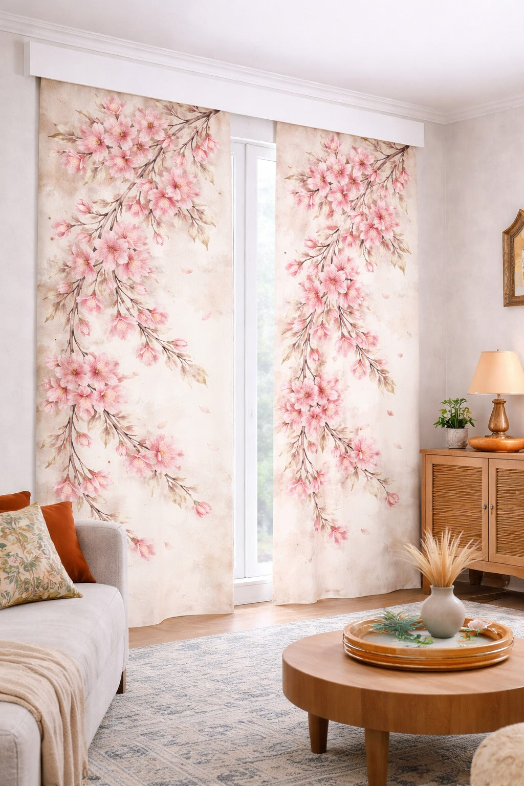 Pembe Sakura Desenli Baskılı Fon Perde Çift Kanat ikracelik.com