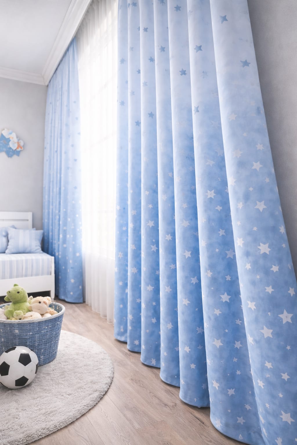 Yıldız desenli mavi çocuk odası fon perde çift kanat ikracelik.com