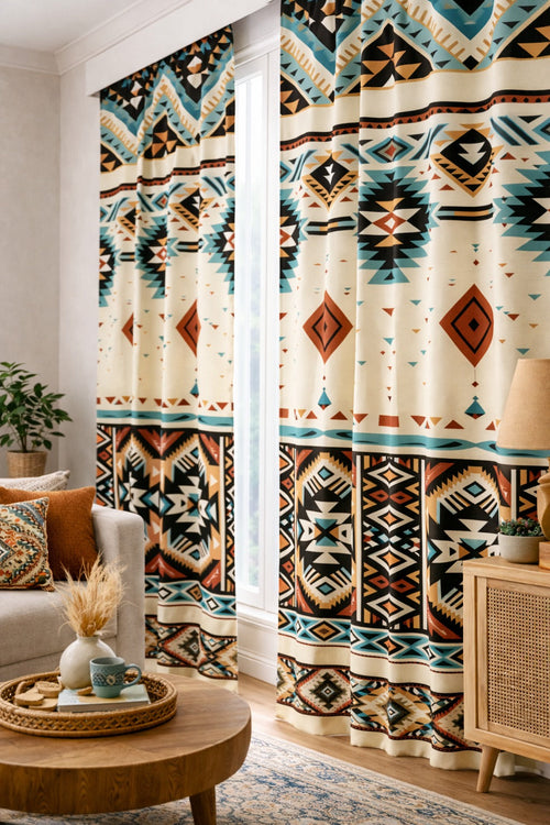 Etnik Desenli Geometrik Motifli Modern Fon Perde Çift Kanat ikracelik.com
