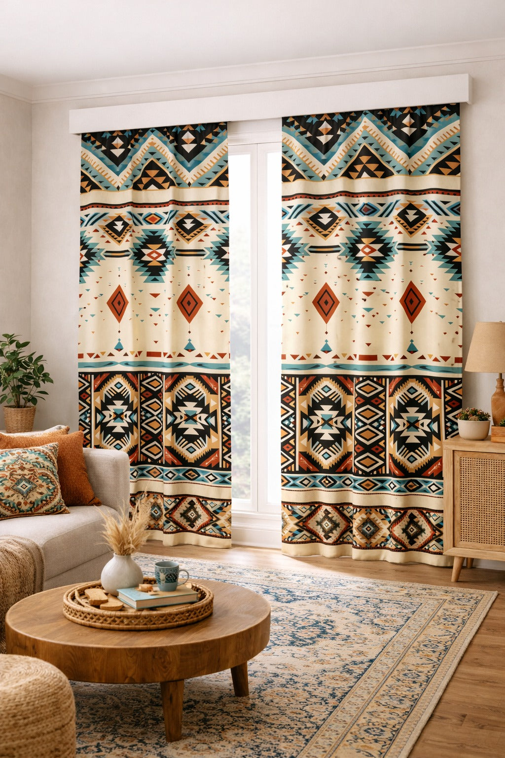 Etnik Desenli Geometrik Motifli Modern Fon Perde Çift Kanat ikracelik.com
