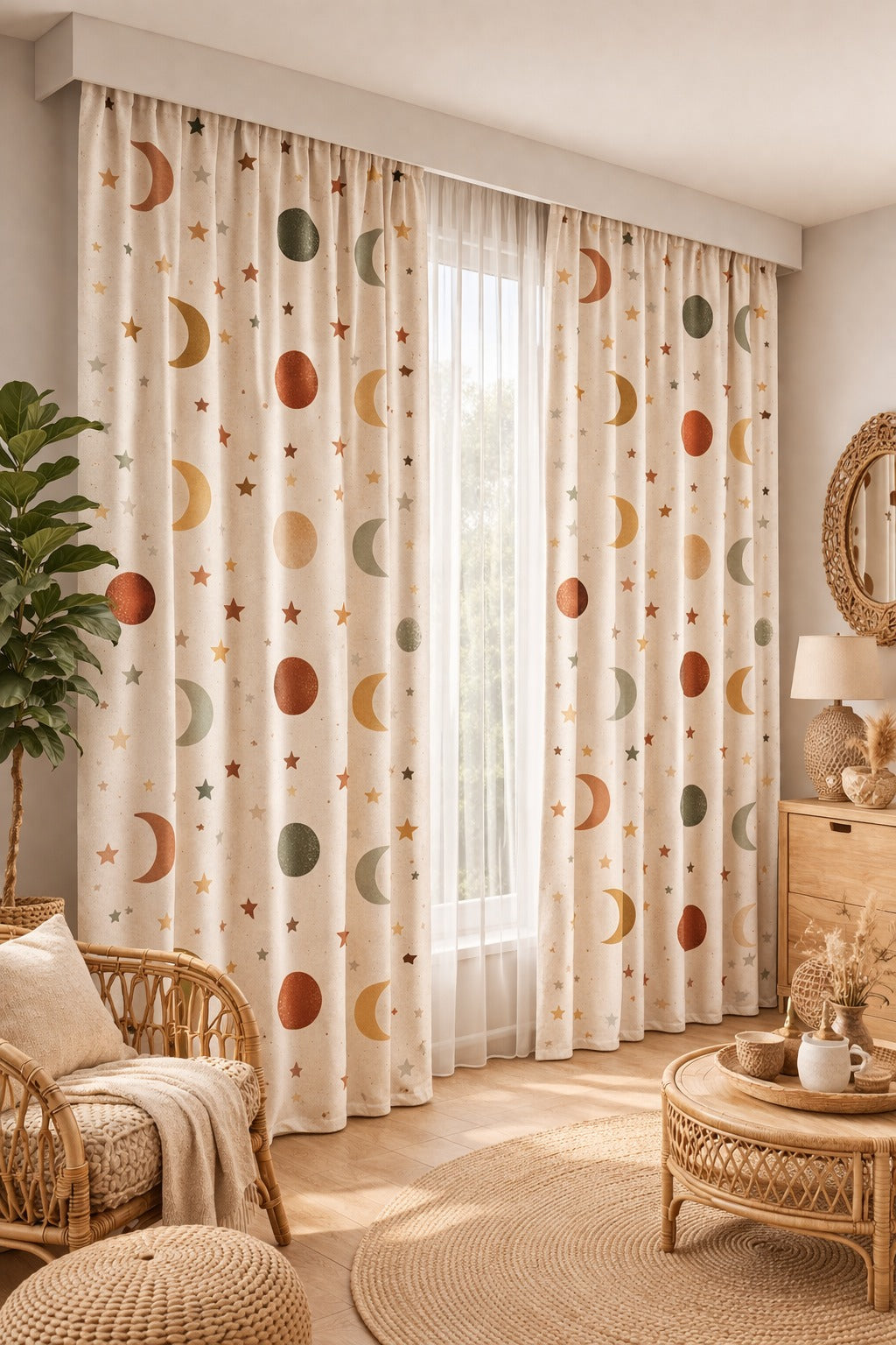 Ay ve Yıldız Desenli Modern Bohem Fon Perde Çift Kanat ikracelik.com