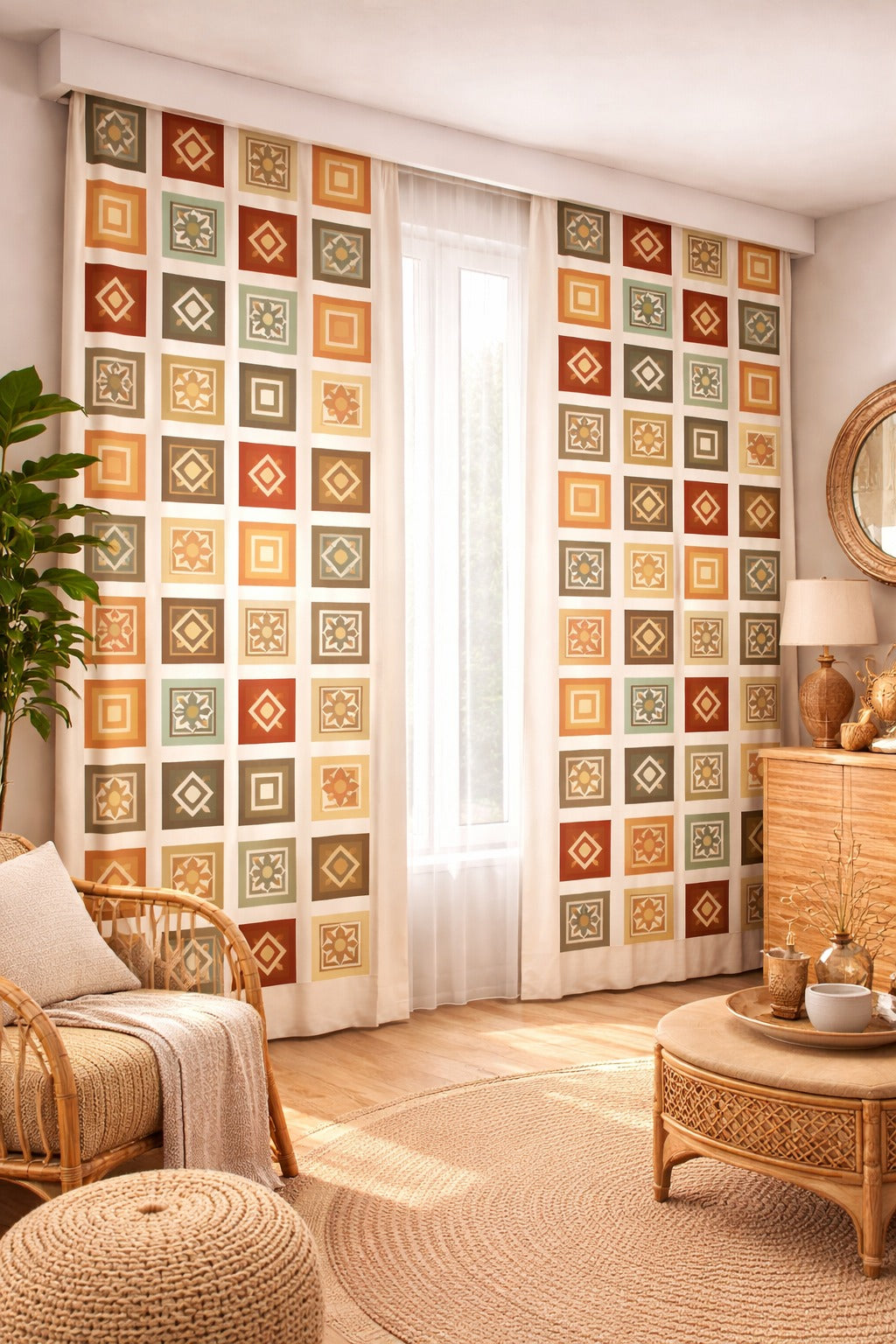 Retro Geometrik Desenli Modern Fon Perde Çift Kanat ikracelik.com
