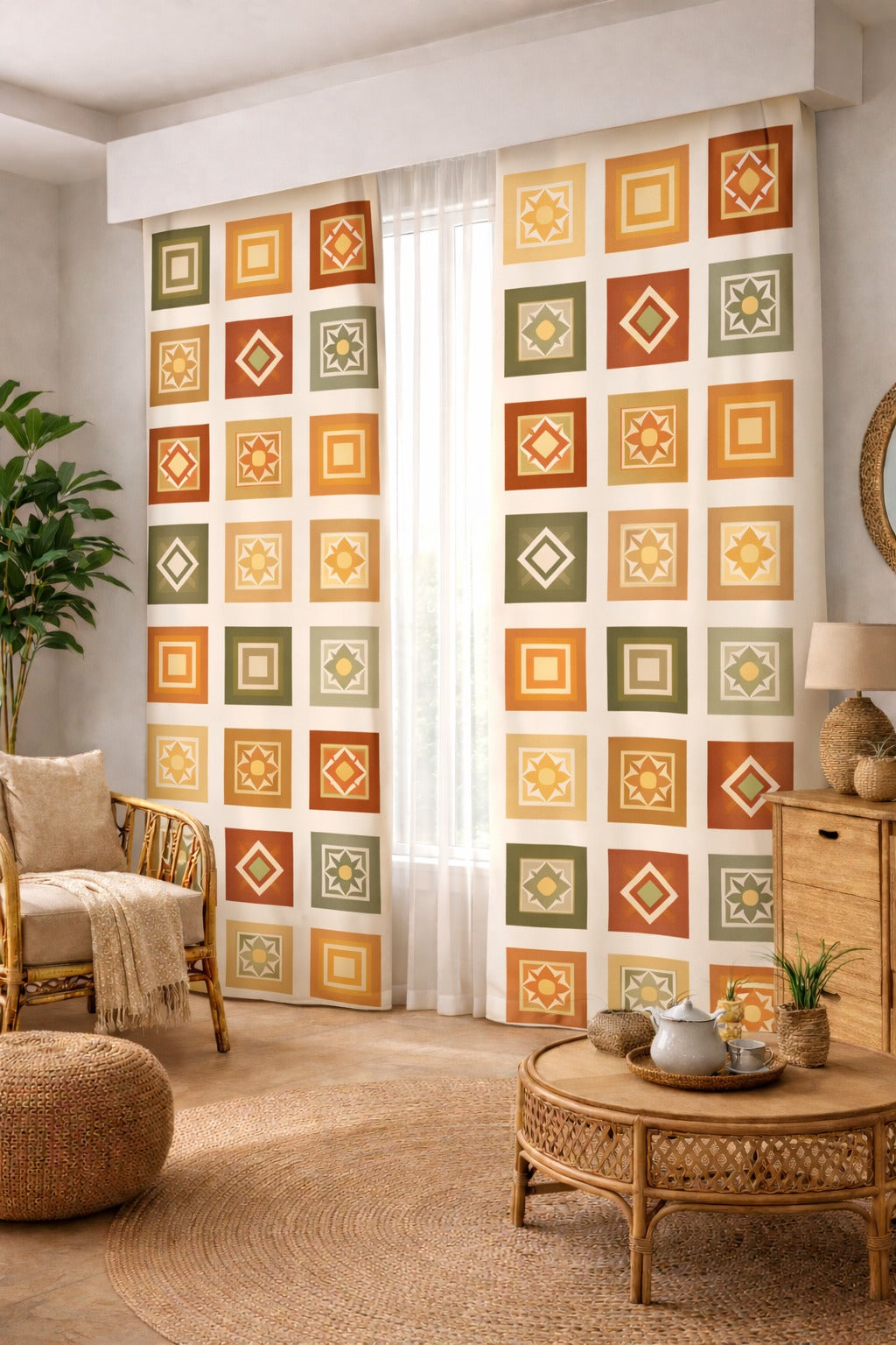 Retro Geometrik Desenli Modern Fon Perde Çift Kanat ikracelik.com