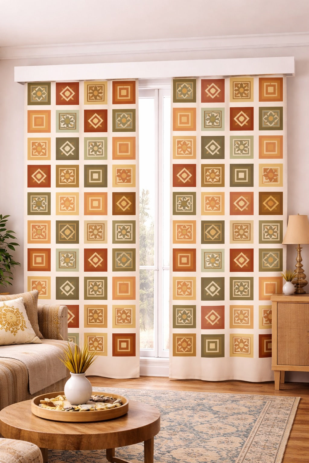 Retro Geometrik Desenli Modern Fon Perde Çift Kanat ikracelik.com