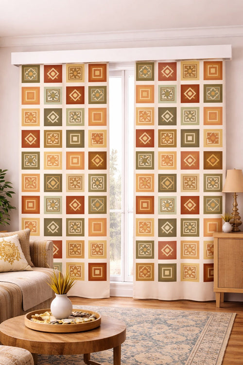 Retro Geometrik Desenli Modern Fon Perde Çift Kanat ikracelik.com